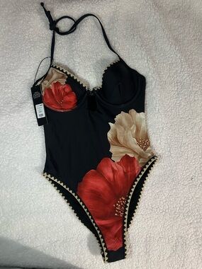 Fashion Nova Black One-Piece Swimsuit with Red & Cream Floral Print